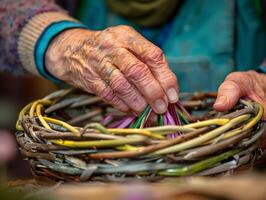 AI generated Artisan hands at work on Easter basket depicted in closeup weaving willow with flair using bright ribbons photo