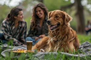 ai generado familia en un picnic en el parque, celebrando nacional mascota día con su rescate perro. foto