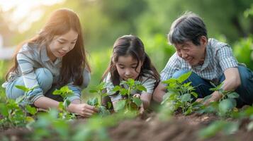 AI generated Family plants trees at park, displaying intergenerational dedication to reforestation and Earth Day principles. photo