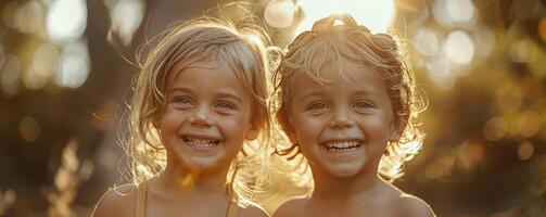 AI generated Joyful outdoor sibling portrait capturing laughter photo