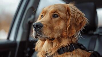 AI generated Dog in a car with a safety harness raises awareness for pet safety during travel. photo