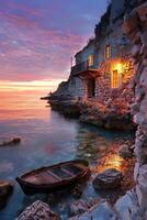 AI generated Hidden gem, secluded coastal village, fishermen at dawn photo