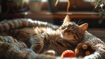 AI generated A cat, in a sunbeam with toys around, epitomizes contentment. photo