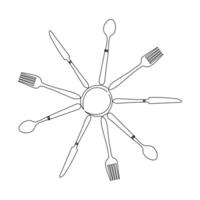 Continuous one line drawing of plate knife and fork hand drawn doodle vector art illustration.