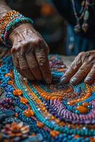 ai generado creando un maravilloso collar involucra intrincado detalles y vibrante colores en trabajo de perlas joyería hecho a mano por experto manos foto