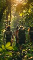 ai generado un grupo de amigos es disfrutando un naturaleza caminar en un lozano bosque, capturar árbol fotografía y unión terminado ambiental apreciación. foto