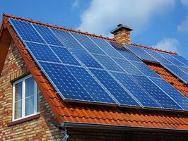 AI generated Solar panels atop residential houses with a clear blue sky, illustrating household adoption of clean energy and solar power benefits. photo