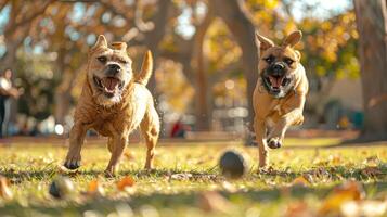 AI generated Dogs having a blast in the park, catching flying discs and balls during a lively game of fetch. photo