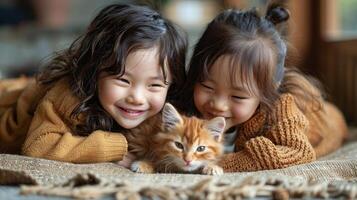 AI generated Siblings caring for their family pet, learning responsibility and nurture. photo
