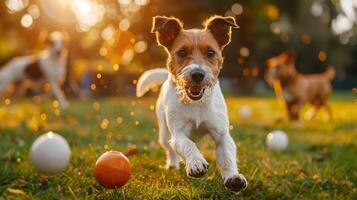 AI generated Dogs playing fetch in the park, action shot with flying discs and balls. photo