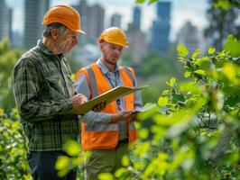 AI generated Urban forestry team promoting urban greenery maintenance with professional tree care, inspecting tree health in city setting. photo