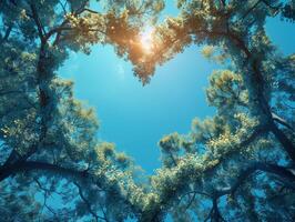 AI generated Heart shaped tree canopy below, blue sky backdrop, symbolizes love and dedication on a sunny afternoon. photo
