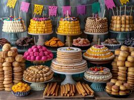 AI generated A vibrant display of Mexican sweets and desserts, including churros and tres leches cake, decorated with colorful flags, ready for a Cinco de Mayo feast. photo