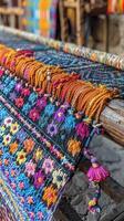 AI generated Textile design involves weaving vibrant patterns on a loom with traditional motifs photo