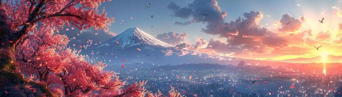 AI generated Sunrise Birdsinging, Cherry Blossom Setting, Spring Welcoming photo