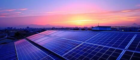 AI generated An urban rooftop covered in solar panels, with a cityscape in the background, representing the integration of green energy into metropolitan areas. photo