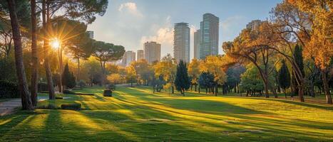 AI generated City park harmonizes geometric skyscrapers with organic tree lines, modern architecture, and antique cottages photo