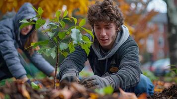 AI generated Students planting trees on campus demonstrate climate action, environmental education, teamwork in vibrant college grounds. photo