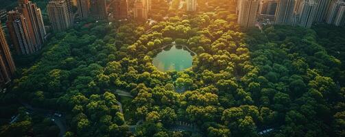 AI generated An aerial cityscape showcases green spaces, bike lanes, and pedestrian paths, symbolizing urban sustainability. photo