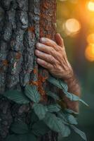 AI generated Close up of hands hugging a tree, symbolic for Tree Hug Day, with a green environment backdrop, emphasizing nature conservation and tree love. photo