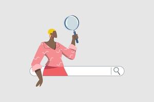 SEO. Search engine optimization, Internet marketing concepts, Analyze website page statistics, Woman with magnifying glass coming out of web browser bar. Searching for information online. vector