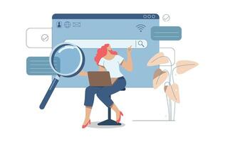 Search engine optimization, SEO. Internet marketing concepts, Analyze website page statistics, Women searching online with magnifying glass in web browser bar. Vector design illustration.