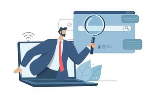 Search engine optimization, SEO. Analyze website page statistics, Internet marketing concepts, Businessmen searching online with magnifying glass in web browser bar. Vector design illustration.