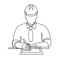 Continuous one line art of professional engineer doing construction drawing plans,Labour Day concept design. vector