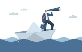 Business leaders search for investment opportunities, Vision to look forward amidst obstacles, Predicting or discovering new ideas, Businessman with binoculars on paper boat in the sea. vector