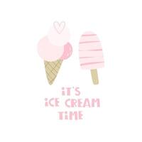 Ice cream time. cartoon ice cream, hand drawing lettering. Summer colorful vector illustration, flat style. design for cards, print, posters, logo, cover