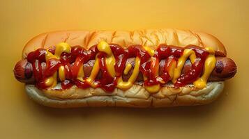 AI generated One Hot dog with mustard and ketchup closeup on minimalistic background. Created with Generative AI photo