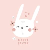 happy easter. cartoon, bunny, flowers, hand drawing lettering, decor elements. festive colorful vector illustration. Design for greeting cards, decoration posters, covers.