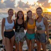 ai generado amanecer playa limpiar promueve trabajo en equipo y comunidad intervención en prevenir contaminación. foto