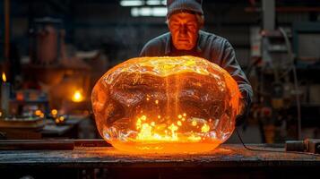 AI generated In the dark workshop, molten glass glows brightly as it is shaped, creating a vibrant orange hue photo