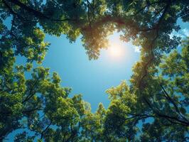 ai generado un corazón conformado árbol pabellón visto desde abajo simbolizando árbol amor y Dedicación en contra un claro azul cielo antecedentes en un soleado tarde. foto