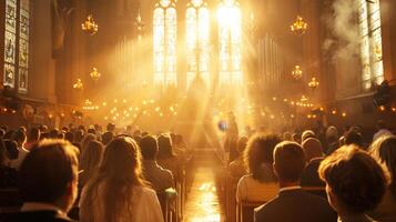 ai generado suave ligero a Pascua de Resurrección Servicio - parpadeando velas, congregación en primavera trajes foto