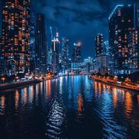 AI generated City skyline at night, skyscrapers illuminated, river reflecting lights photo