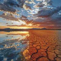 AI generated Mirror like lake reflects dawn - desert sand absorbs noon sun, contrasting natural textures photo