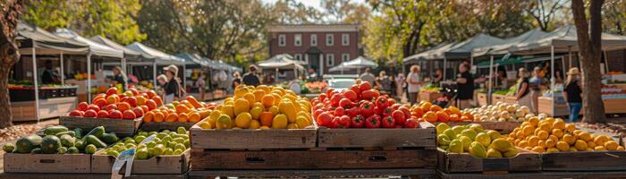 AI generated Local farmers market sells organic produce, customers use reusable bags, community supports sustainable food systems. photo