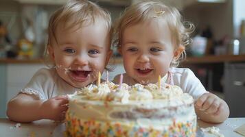 ai generado Gemelos compartiendo un cumpleaños pastel, un jubiloso hogar celebracion foto