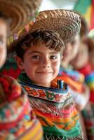 AI generated Children in sombreros and serapes joyfully join a Cinco de Mayo parade, proudly waving Mexican flags. photo