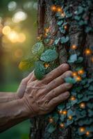 ai generado manos abrazando un árbol en árbol abrazo día, destacando naturaleza conservación y amor para arboles en un lozano verde ajuste. foto