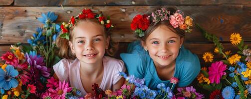 primavera artesanía con niños, floreciente creatividad en medio de naturaleza foto