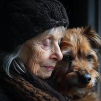 AI generated An elderly pet and its owner share a profound bond in their reflective moment. photo