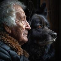 ai generado un mascota propietario Comparte un profundo enlace con su envejecimiento mascota durante un momento de reflexión. foto