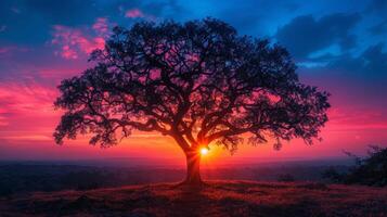 AI generated Artistic tree silhouette with colorful sunset, emphasizing tree photography, peaceful mood, in a serene national park setting. photo