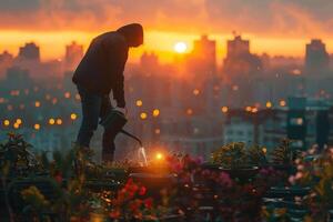 AI generated A sustainable living enthusiast waters a rooftop garden at sunset, with a city skyline in the background, showcasing urban eco-friendliness. photo