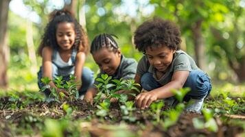 ai generado familia en un comunidad parque planta árboles, ejemplificando intergeneracional Dedicación a repoblación forestal y tierra día valores. foto