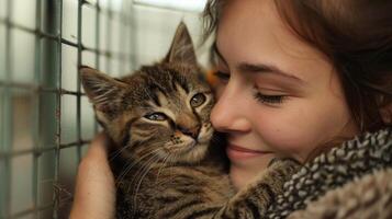 AI generated An animal shelter volunteer shows compassion and care while cuddling a kitten. photo