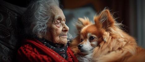 ai generado mayor persona y mascota compartiendo un tranquilo momento, compañerismo a través de siglos foto